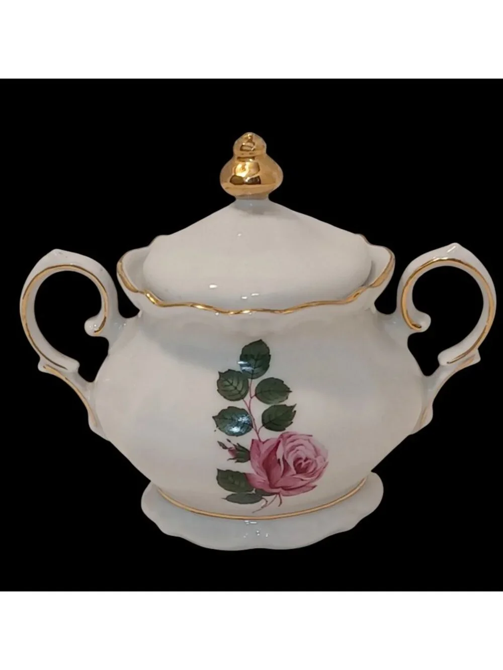 Vtg Winterling Bavaria Germany Porcelain Sugar Bowl w Lid Pink Roses & Gold Trim